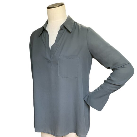 Pleione Collared V-Neck Long Sleeve Chiffon Tunic Top Gray #53A - Picture 1 of 8